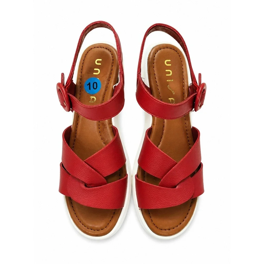 Unisa Womens Red Pebbled Faux Leather Platform Slingback Sandals Size 10